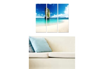 Trelerretsbilde i tre, 3-delt, 50x70 cm - Vakker strand med fjellformasjon og klar blå himmel - Blå / Turkis / Hvit - Interiør - Maleri & posters - Lerretsbilder