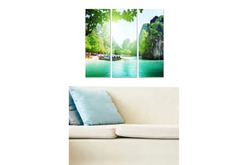 Trelerretsbilde i tre, 3-delt, 50x70 cm - Vakker strand med klipper og frodige omgivelser - Grønn / Turkis / Blå - Interiør - Maleri & posters - Lerretsbilder