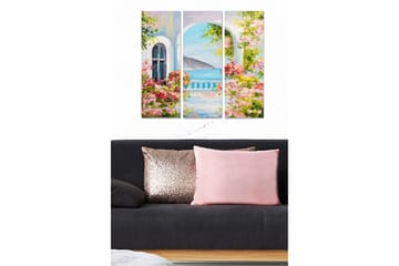 Trelerretsbilde i tre, 3-delt, 50x70 cm - Vakker utsikt gjennom en bue med blomster og hav i bakgrunnen - Rosa / Blå / Grønn - Interiør - Maleri & posters - Lerretsbilder