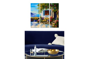 Trelerretsbilde i tre, 3-delt, 50x70 cm - Vakker utsikt over en blomsterhage med en hvit bygning og vinduer i blått - Grønn / Blå / Rosa - Interiør - Maleri & posters - Lerretsbilder