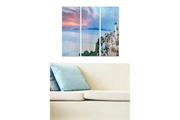 Trelerretsbilde i tre, 3-delt, 50x70 cm - Vakker utsikt over en gresk kystby ved solnedgang - Hvit / Blå / Rosa - Interiør - Maleri & posters - Lerretsbilder