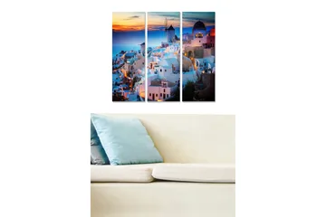 Trelerretsbilde i tre, 3-delt, 50x70 cm - Vakker utsikt over en gresk landsby med hvite hus og blå kupler ved solnedgang - Blå / Hvit / Oransje - Interiør - Maleri & posters - Lerretsbilder