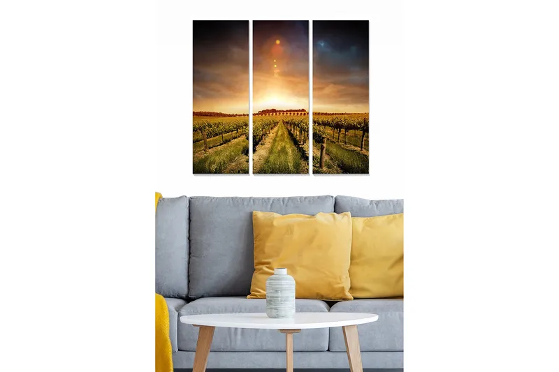 Trelerretsbilde i tre, 3-delt, 50x70 cm - Vakker vingård under en solnedgang, Grønn / Gull / Blå