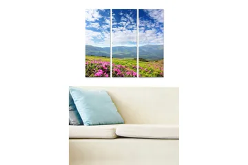 Trelerretsbilde i tre, 3-delt, 50x70 cm - Vakkert fjellandskap med blomstrende asaleaer i forgrunnen - Rosa / Grønn / Blå - Interiør - Maleri & posters - Lerretsbilder