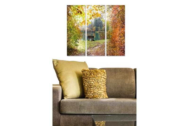 Trelerretsbilde i tre, 3-delt, 50x70 cm - Vakkert høstlandskap med en benk ved en speilblank innsjø, Grønn / Oransje / Gul