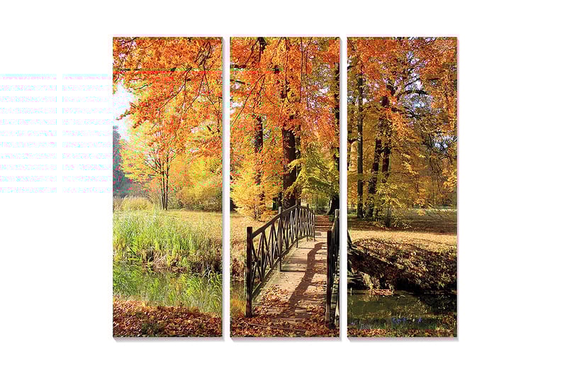 Trelerretsbilde i tre, 3-delt, 50x70 cm - Vakkert høstlandskap med fargerike trær og en bro over en stille vannflate, Oransje / Gul / Grønn