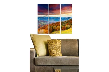 Trelerretsbilde i tre, 3-delt, 50x70 cm - Vakkert høstlandskap med fargerike trær og fjerne fjell - Oransje / Grønn / Blå - Interiør - Maleri & posters - Lerretsbilder