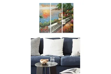 Trelerretsbilde i tre, 3-delt, 50x70 cm - Vakkert kystlandskap med solnedgang og blomster langs en tursti - Blå / Grønn / Rød - Interiør - Maleri & posters - Lerretsbilder
