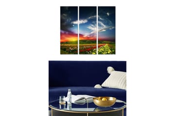 Trelerretsbilde i tre, 3-delt, 50x70 cm - Vakkert landskap med blomsterenger og dramatisk himmel - Grønn / Rød / Gul - Interiør - Maleri & posters - Lerretsbilder