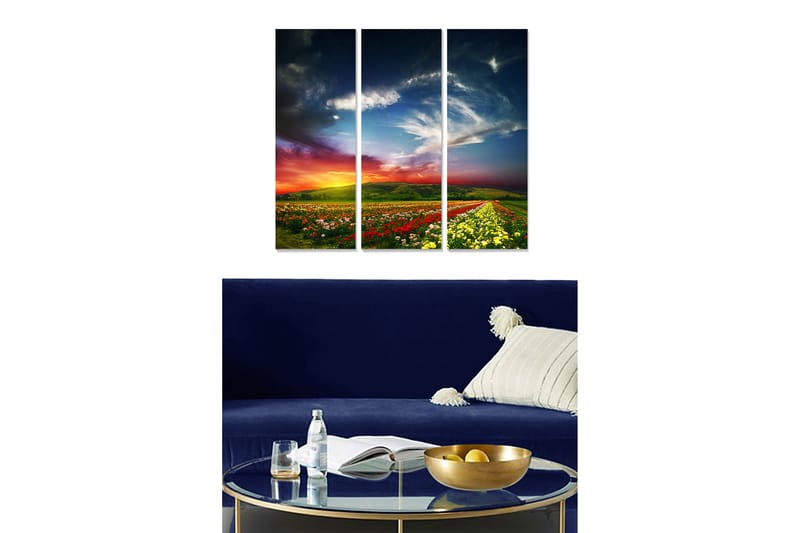 Trelerretsbilde i tre, 3-delt, 50x70 cm - Vakkert landskap med blomsterenger og dramatisk himmel, Grønn / Rød / Gul