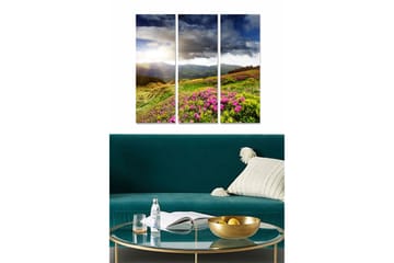 Trelerretsbilde i tre, 3-delt, 50x70 cm - Vakkert landskap med blomstrende enger og fjerne fjell - Grønn / Rosa / Blå - Interiør - Maleri & posters - Lerretsbilder