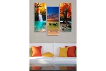 Trelerretsbilde i tre, 3-delt, 50x70 cm - Vakkert landskap med fallende vann og fargerike høsttrær - Turkis / Oransje / Rød - Interiør - Maleri & posters - Lerretsbilder