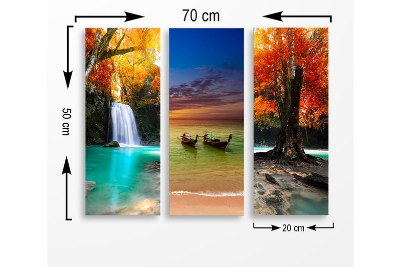 Trelerretsbilde i tre, 3-delt, 50x70 cm - Vakkert landskap med fallende vann og fargerike høsttrær - Turkis / Oransje / Rød - Interiør - Maleri & posters - Lerretsbilder