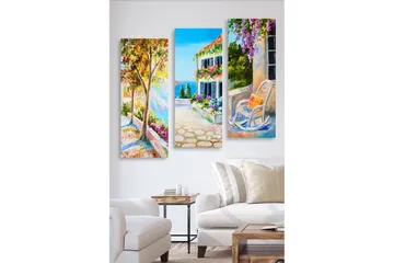 Trelerretsbilde i tre, 3-delt, 50x70 cm - Vakkert landskap med fargerike blomster og en solrik gate - Grønn / Blå / Oransje - Interiør - Maleri & posters - Lerretsbilder