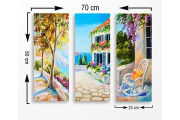 Trelerretsbilde i tre, 3-delt, 50x70 cm - Vakkert landskap med fargerike blomster og en solrik gate - Grønn / Blå / Oransje - Interiør - Maleri & posters - Lerretsbilder