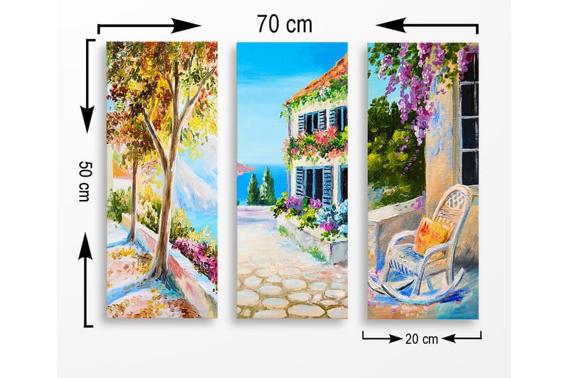 Trelerretsbilde i tre, 3-delt, 50x70 cm - Vakkert landskap med fargerike blomster og en solrik gate - Grønn / Blå / Oransje - Interiør - Maleri & posters - Lerretsbilder