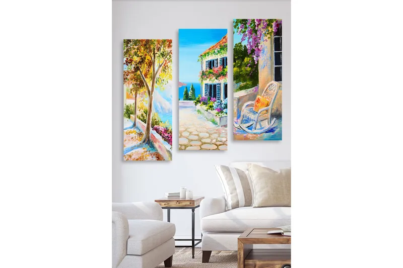 Trelerretsbilde i tre, 3-delt, 50x70 cm - Vakkert landskap med fargerike blomster og en solrik gate, Grønn / Blå / Oransje