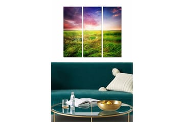 Trelerretsbilde i tre, 3-delt, 50x70 cm - Vakkert landskap med frodige enger og dramatisk himmel - Grønn / Blå / Lilla - Interiør - Maleri & posters - Lerretsbilder