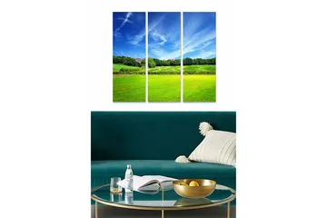Trelerretsbilde i tre, 3-delt, 50x70 cm - Vakkert landskap med grønne åkre og blå himmel - Grønn / Blå - Interiør - Maleri & posters - Lerretsbilder