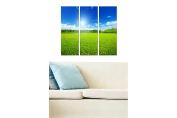 Trelerretsbilde i tre, 3-delt, 50x70 cm - Vakkert landskap med grønne enger og blå himmel - Grønn / Blå / Gul - Interiør - Maleri & posters - Lerretsbilder