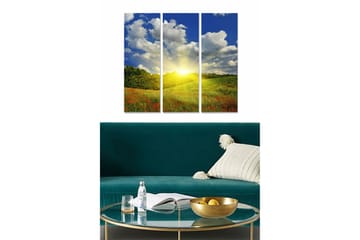 Trelerretsbilde i tre, 3-delt, 50x70 cm - Vakkert landskap med soloppgang over en blomstrende eng - Blå / Grønn / Gul - Interiør - Maleri & posters - Lerretsbilder