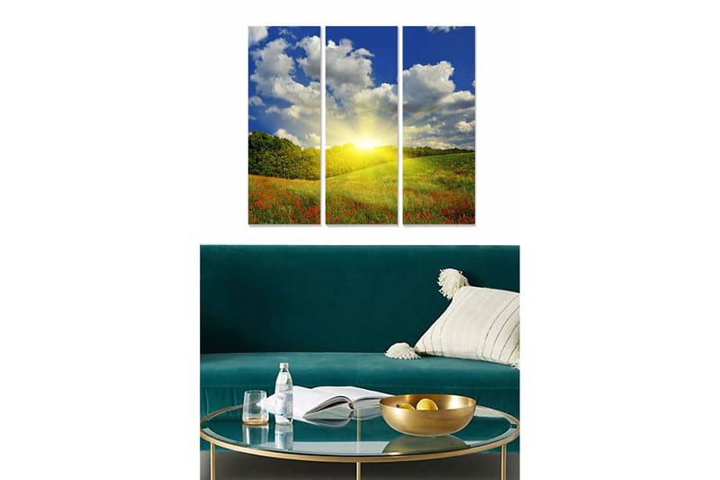 Trelerretsbilde i tre, 3-delt, 50x70 cm - Vakkert landskap med soloppgang over en blomstrende eng, Blå / Grønn / Gul