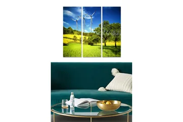 Trelerretsbilde i tre, 3-delt, 50x70 cm - Vakkert landskap med vindturbiner og grønne jorder - Grønn / Gul / Blå - Interiør - Maleri & posters - Lerretsbilder