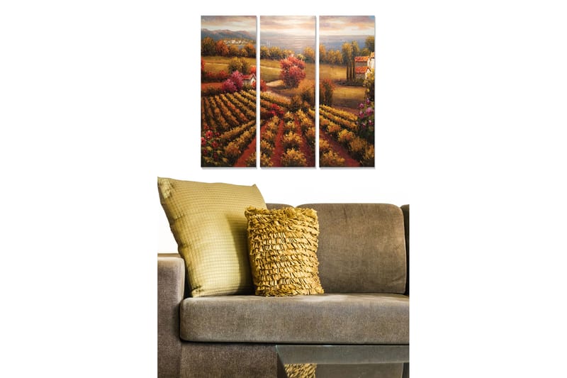Trelerretsbilde i tre, 3-delt, 50x70 cm - Vakkert landskap med vinmarker og fargerike trær i høstfarger, Gull / Rød / Grønn