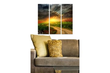 Trelerretsbilde i tre, 3-delt, 50x70 cm - Vakkert landskapsbilde med solnedgang over en grønn ås og en svingete vei - Grønn / Oransje / Blå - Interiør - Maleri & posters - Lerretsbilder