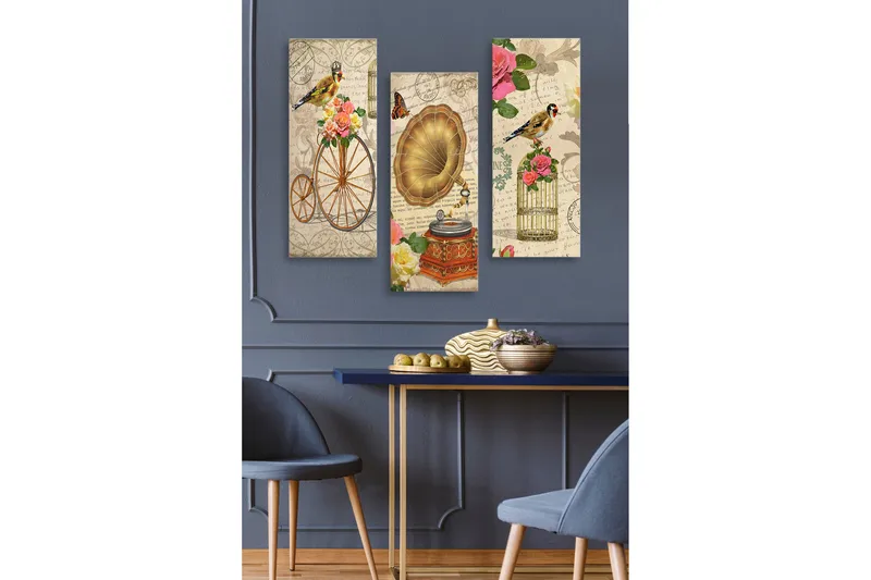 Trelerretsbilde i tre, 3-delt, 50x70 cm - Vintage-komposisjon med fugler, blomster og grammofon, Gull / Rosa / Grønn