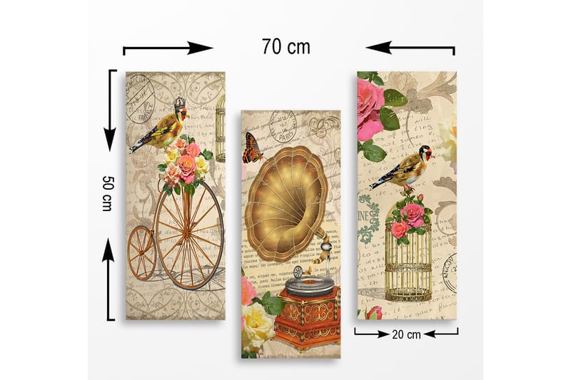 Trelerretsbilde i tre, 3-delt, 50x70 cm - Vintage-komposisjon med fugler, blomster og grammofon - Gull / Rosa / Grønn - Interiør - Maleri & posters - Lerretsbilder