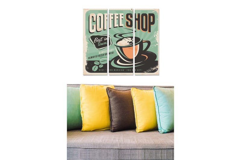 Trelerretsbilde i tre, 3-delt, 50x70 cm - Vintage plakat med kaffekopp og teksten COFFEE SHOP, Mintgrønn / Svart / Oransje