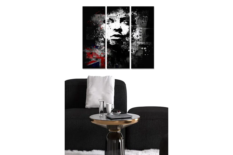 Trelerretsbilde i tre, 3-delt, 50x70 cm - Portrett av en ansiktsprofil med grafiske elementer og en urban følelse, Svart / Hvit / Rød