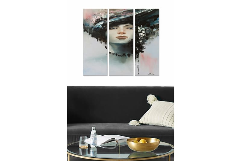 Trelerretsbilde i tre, 3-delt, 50x70 cm - Portrett av en kvinne med dramatisk frisyre og abstrakt bakgrunn, Svart / Hvit / Lyseblå