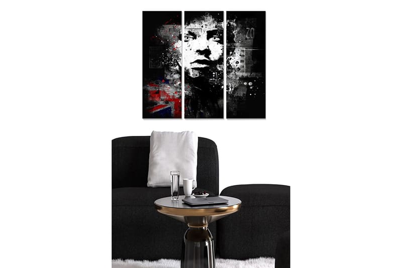 Trelerretsbilde i tre, 3-delt, 50x70 cm - Portrett av en ansiktsprofil med grafiske elementer og en urban følelse, Svart / Hvit / Rød