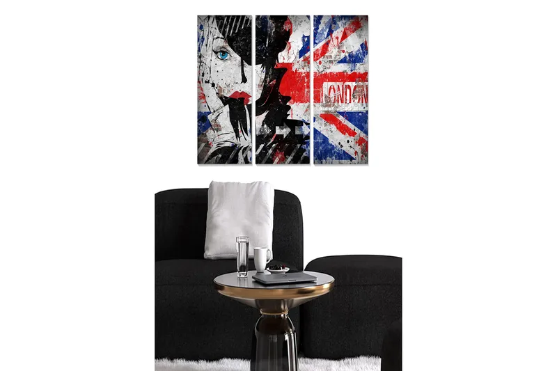 Trelerretsbilde i tre, 3-delt, 50x70 cm - Portrett av en kvinne med blå øyne og en grafisk bakgrunn inspirert av det britiske flagget, Rød / Blå / Svart