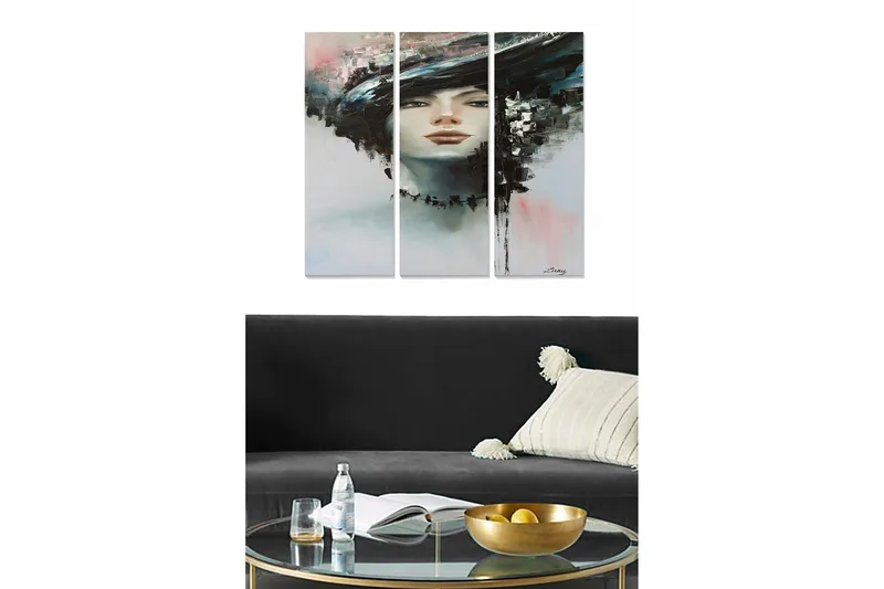 Trelerretsbilde i tre, 3-delt, 50x70 cm - Portrett av en kvinne med dramatisk frisyre og abstrakt bakgrunn, Svart / Hvit / Lyseblå