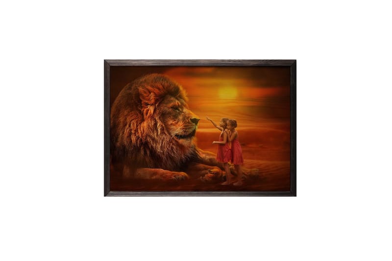 Girls Looking At Lion Foto Oransje - 70x50 cm - Dyreplakater - Posters