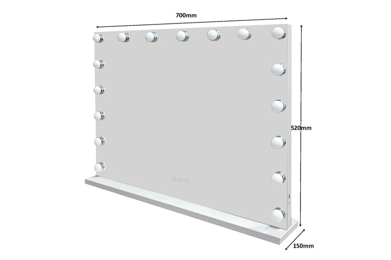 Glow Stor Sminkespeil 70 cm med belysning lamper - Hollywood speil med USB-lading - Hvit - Interiør - Speil - Sminkespeil