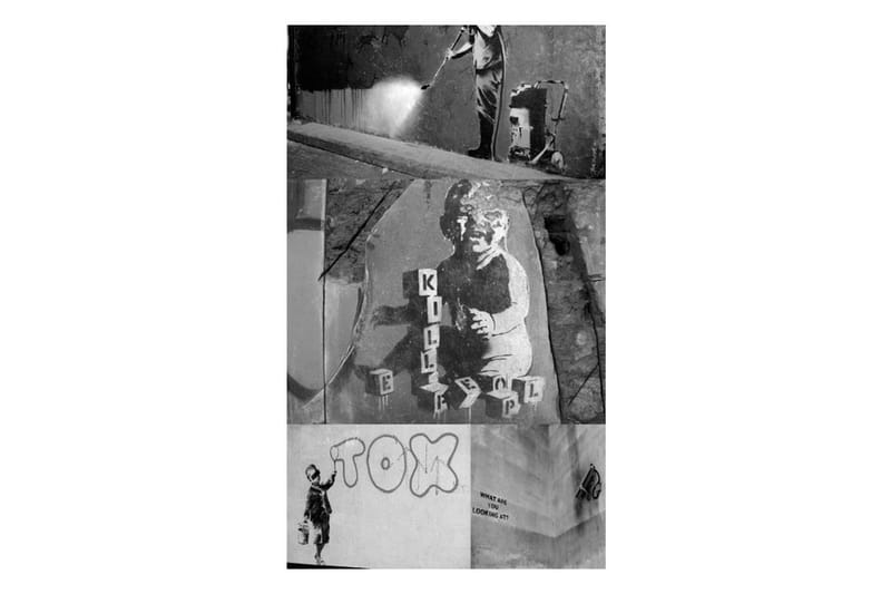 Fototapet Banksy Grey Collage 50x1000 - Artgeist sp. z o. o. - Tapet stue - Fototapeter - Kjøkkentapeter - Tapet soverom