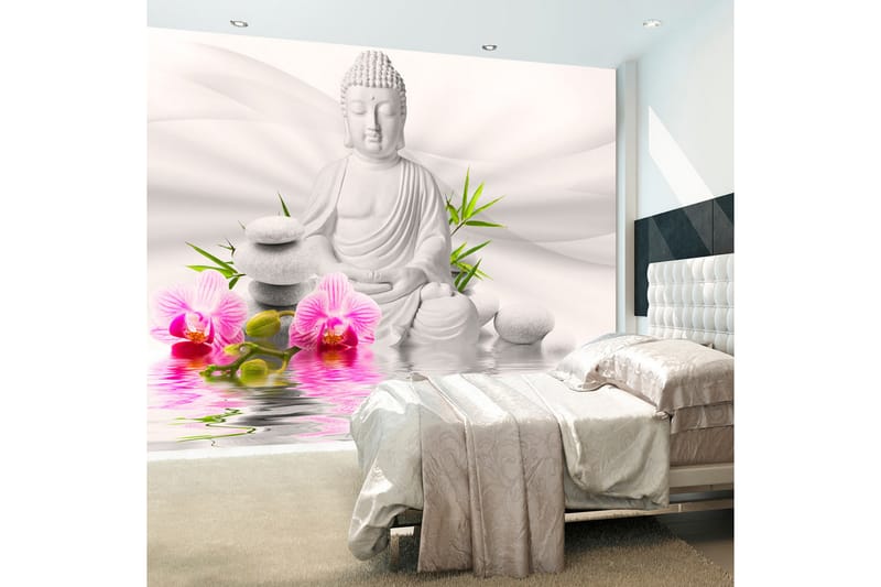 Fototapet Buddha And Orchids 150x105 - Artgeist sp. z o. o. - Tapet stue - Fototapeter - Kjøkkentapeter - Tapet soverom