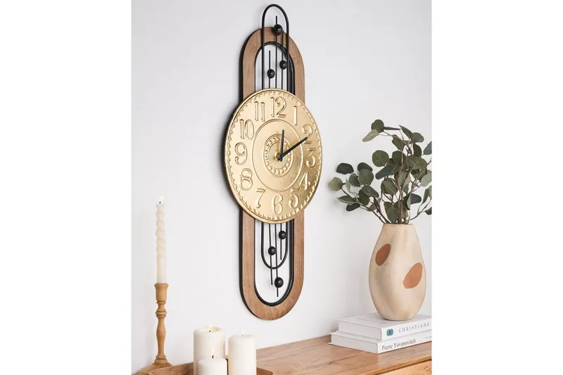 Väggklocka Beliani Nobelium GOLD||Black||Light colored wood - Interiør - Veggdekorasjon - Klokker - Urverk til veggklokke