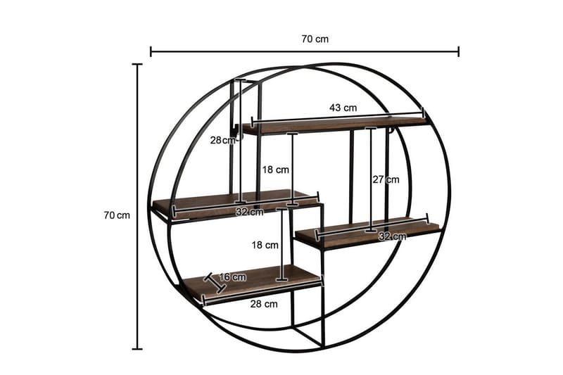 Vegghylle Wohnling Rundt heltre med metallramme veggmontert industrielt - Oppbevaring - Hylle - Vegghylle