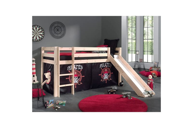 Høyseng med gardin og sklie Pino Naturlig, Pirat - Naturlig, Pirat - Møbler - Barnemøbler - Barneseng & Juniorseng - Loftseng