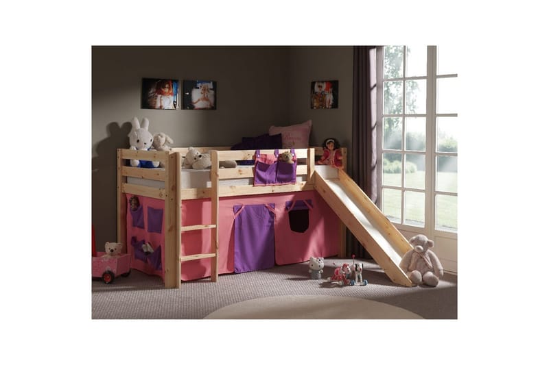 Høyseng med gardin og sklie Pino Naturlig, Bella - Naturlig, Bella - Møbler - Barnemøbler - Barneseng & Juniorseng - Loftseng