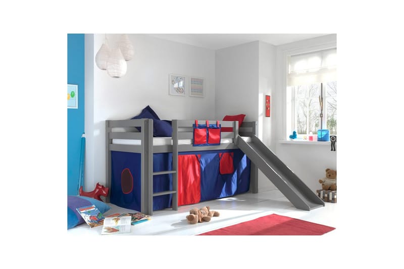 Høyseng med gardin og sklie Pino Grå, Domino - Grå, Domino - Møbler - Barnemøbler - Barneseng & Juniorseng - Loftseng