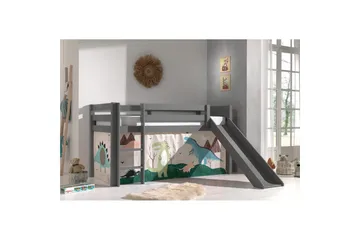 Høyseng med gardin og sklie Pino Grå, Dino - Grå, Dino - Møbler - Barnemøbler - Barneseng & Juniorseng - Loftseng
