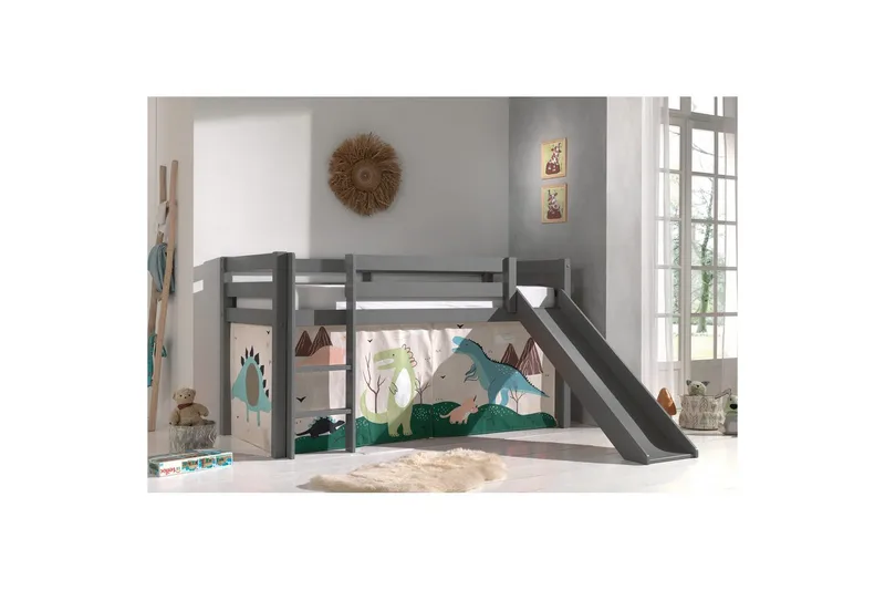 Høyseng med gardin og sklie Pino Grå, Dino - Grå, Dino - Møbler - Barnemøbler - Barneseng & Juniorseng - Loftseng