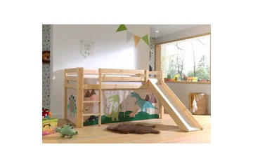 Høyseng med gardin og sklie Pino Naturlig, Dino - Naturlig, Dino - Møbler - Barnemøbler - Barneseng & Juniorseng - Loftseng