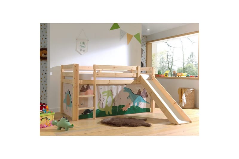 Høyseng med gardin og sklie Pino Naturlig, Dino - Naturlig, Dino - Møbler - Barnemøbler - Barneseng & Juniorseng - Loftseng
